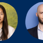 Head shots of Alice Huang (l), an Asian woman with long black hair, and Eric Shoemaker (r), a white man with a beard and shaved head, atop a U of T blue background alongside their names