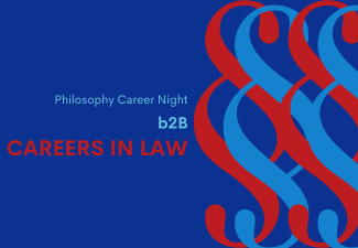 On a royal blue background, the words "Philosophy Career Night, b2B, Careers in Law" alongside four paragraph symbols, alternating in red and light blue