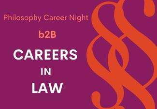 Orange paragraph symbols on a fuchsia background, with the words "Philosophy Career Night, b2B, Careers in Law"