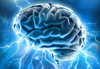 Illustration of a brain with blue lightning bolts shooting out of it.