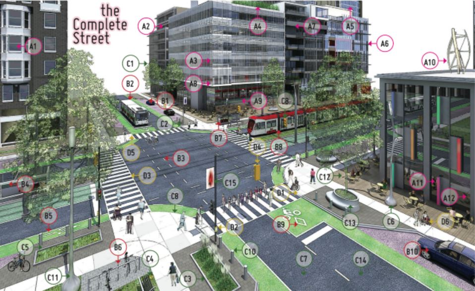Digital illustration of urban street crossing