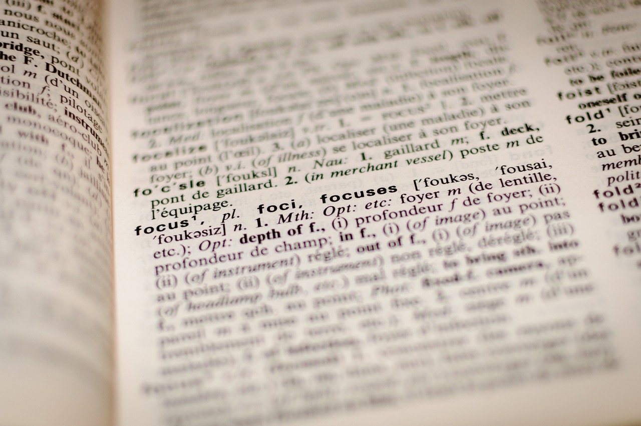 Close-up of a French-English dictionary.