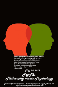 Graduate conference poster with two silhouettes of heads and the names of the speakers