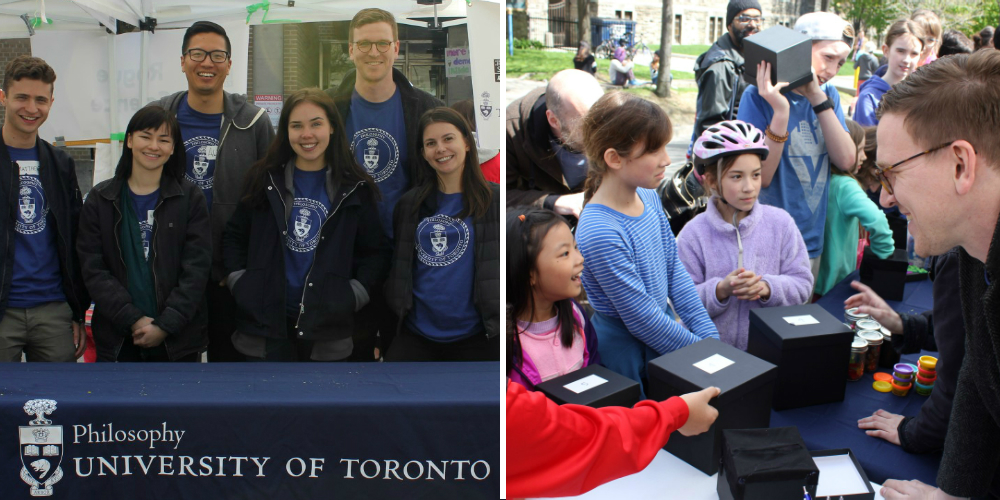 L: the philsophy team poses at their science rendezvous booth; R: Michael Miller chats with kids.