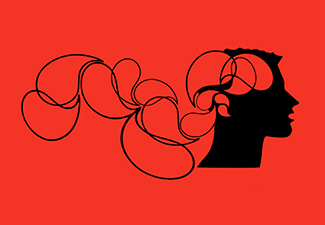 Stylized head in black with thought bubbles on a red background