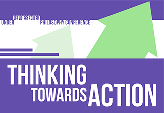 The words "Thinking towards Action" of a purple and white background with diagonally pointing green arrows