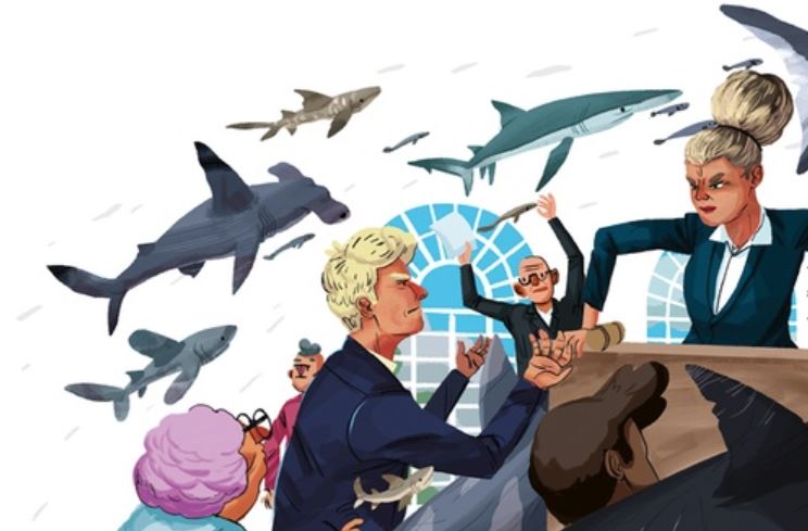 Digital illustration of fish flying above people arguing